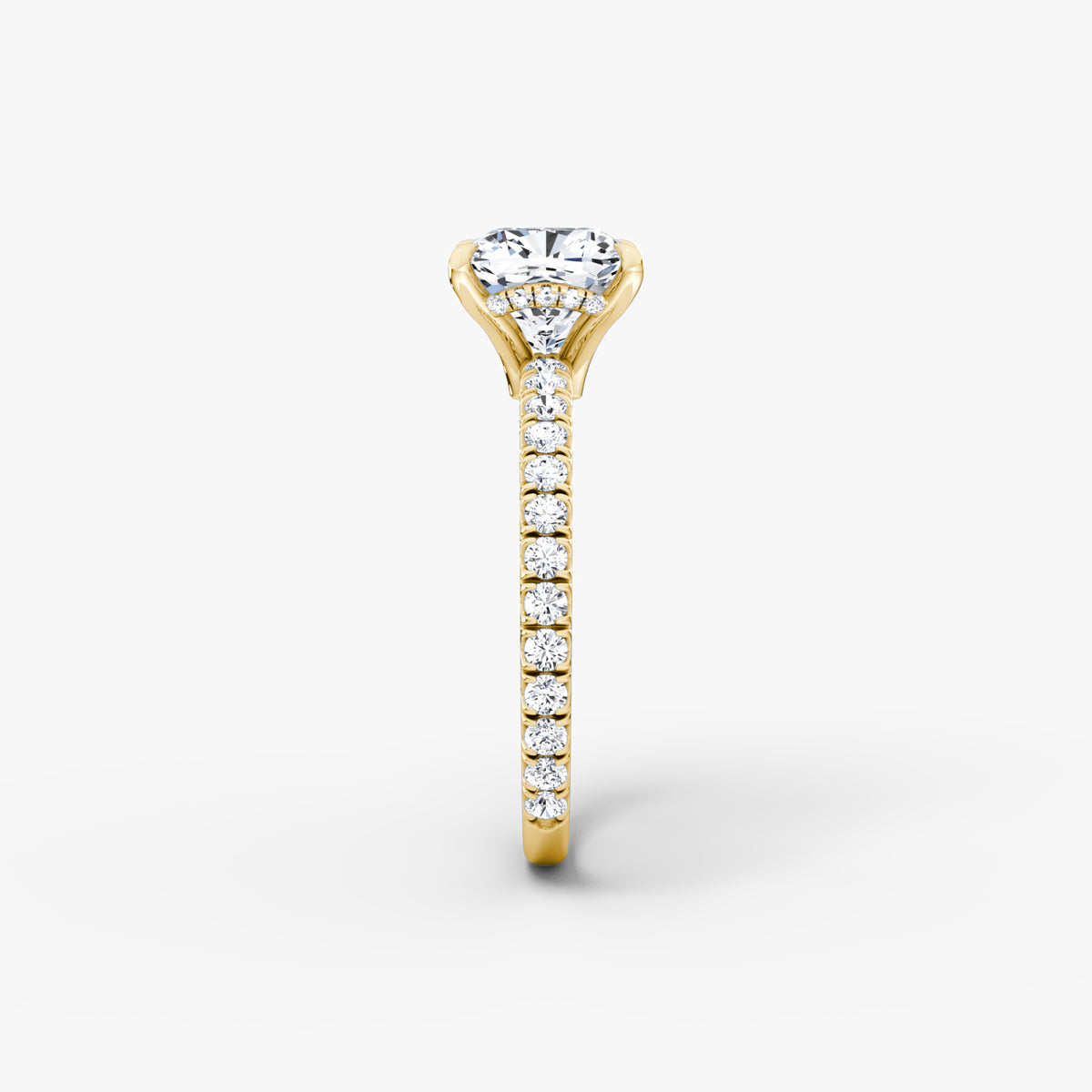 TERRA Pavé engagement ring with cushion diamond in yellow gold, side view